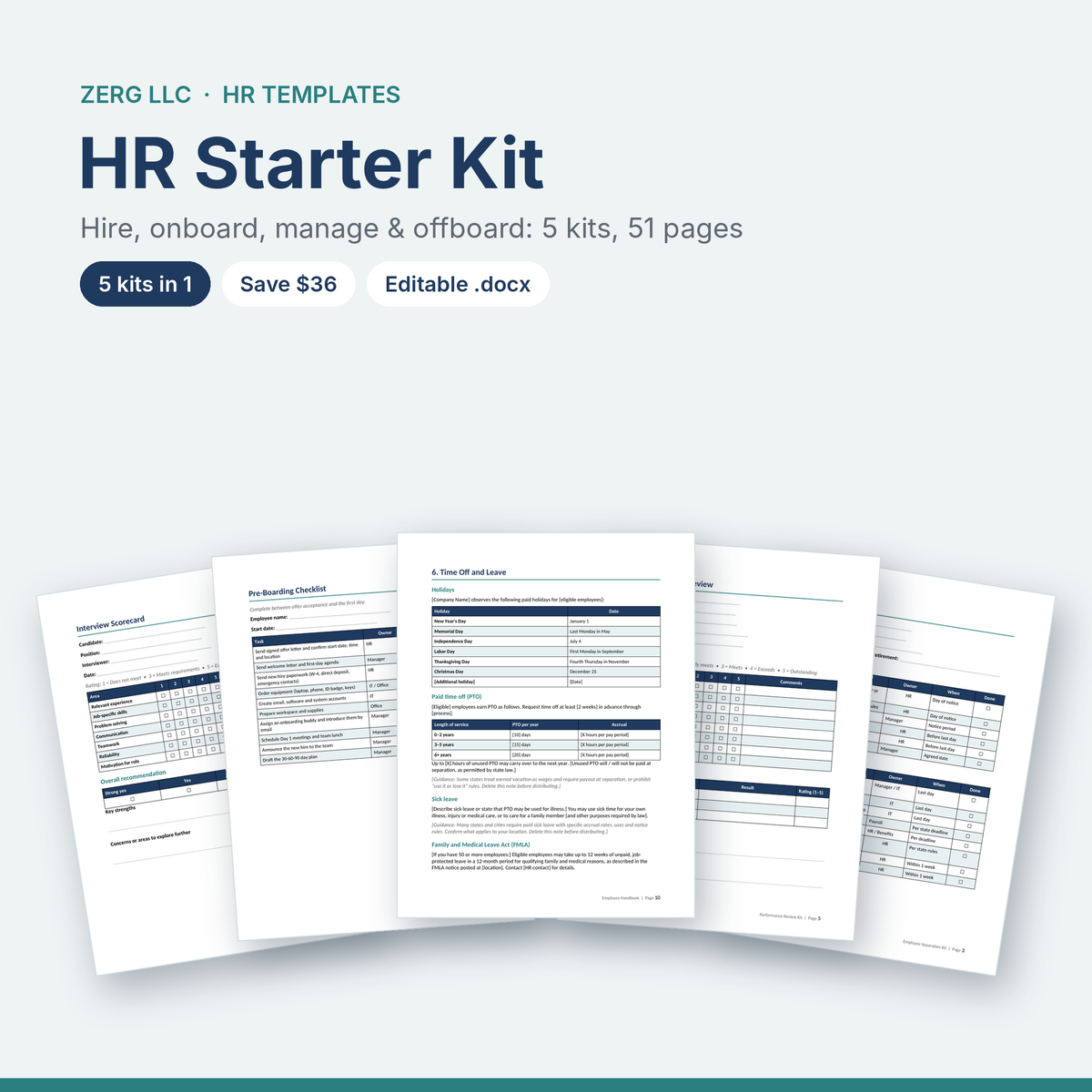 HR Starter Kit bundle of five editable small business HR templates