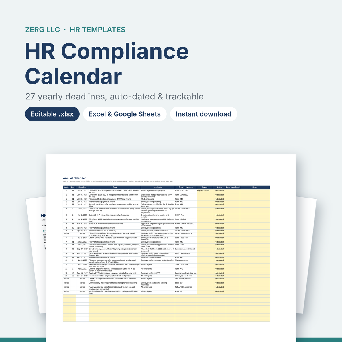 HR compliance calendar spreadsheet template with yearly payroll and HR deadlines