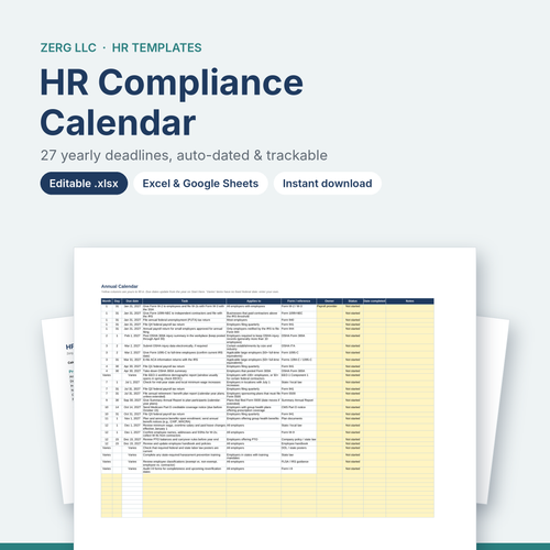 HR compliance calendar spreadsheet template with yearly payroll and HR deadlines