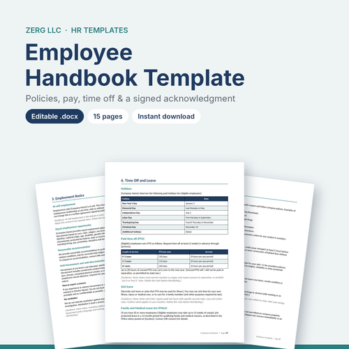 Employee handbook template for small business, PTO and holiday policy pages
