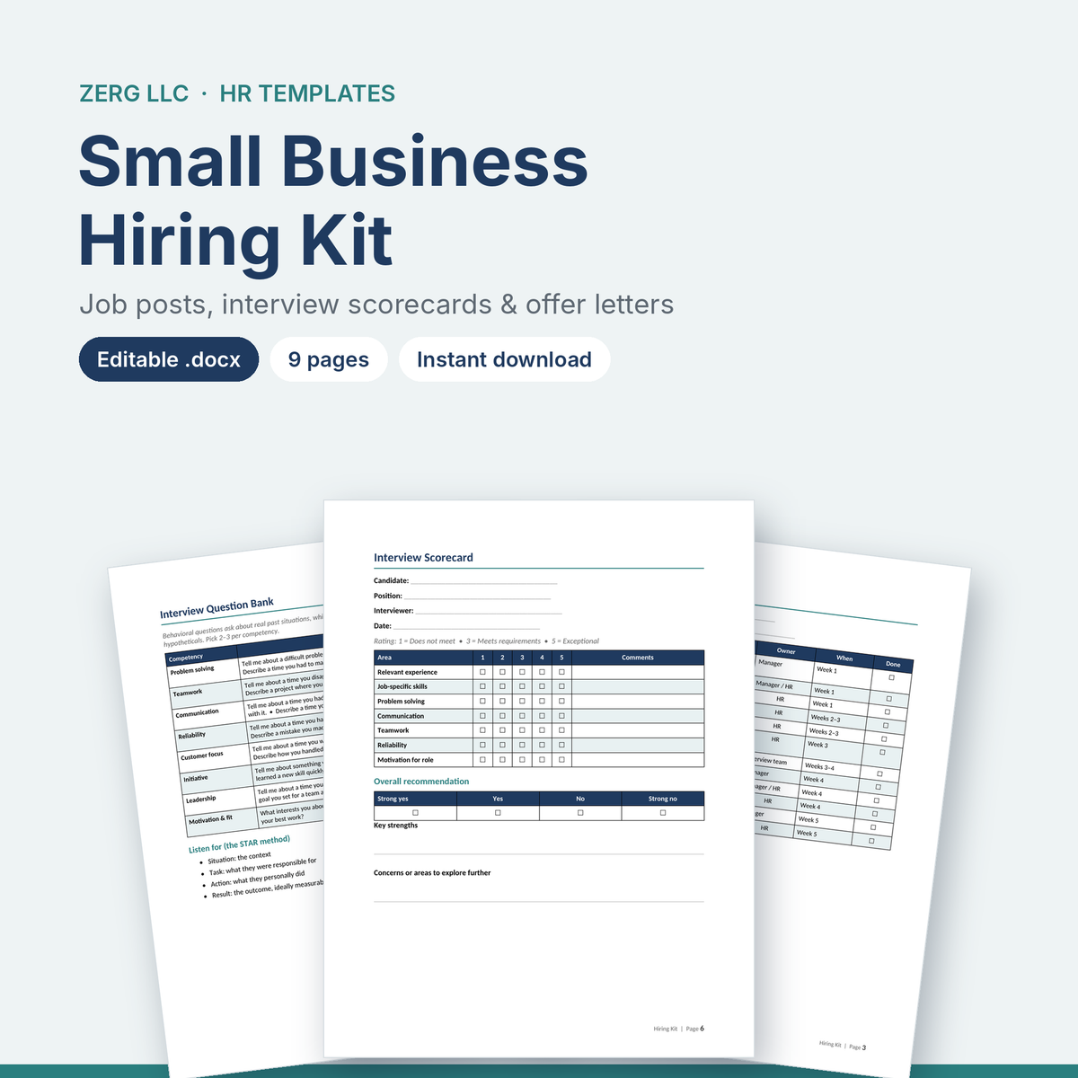 Small business hiring kit with interview scorecard and question bank pages
