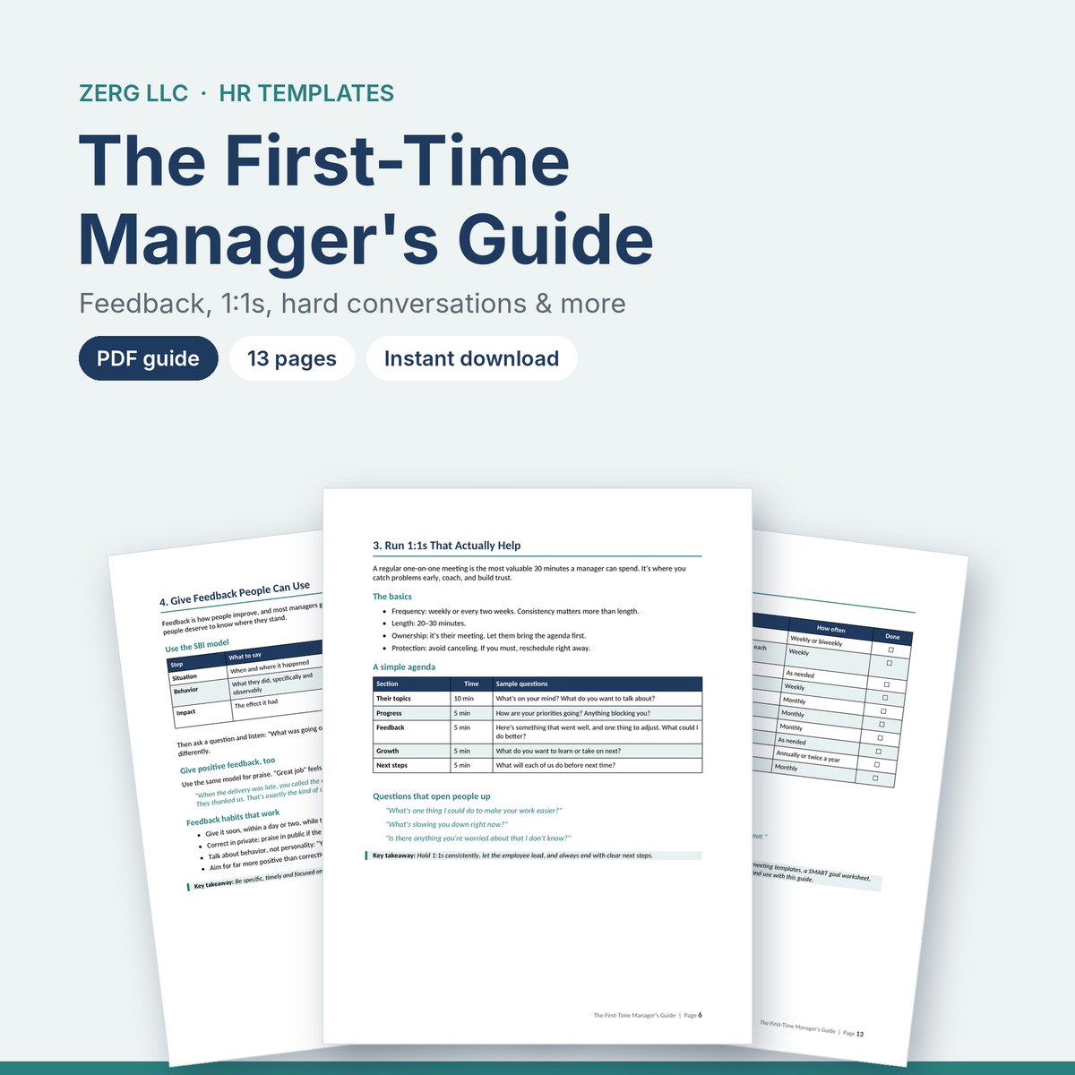First-time manager's guide pages on 1:1 meetings and feedback
