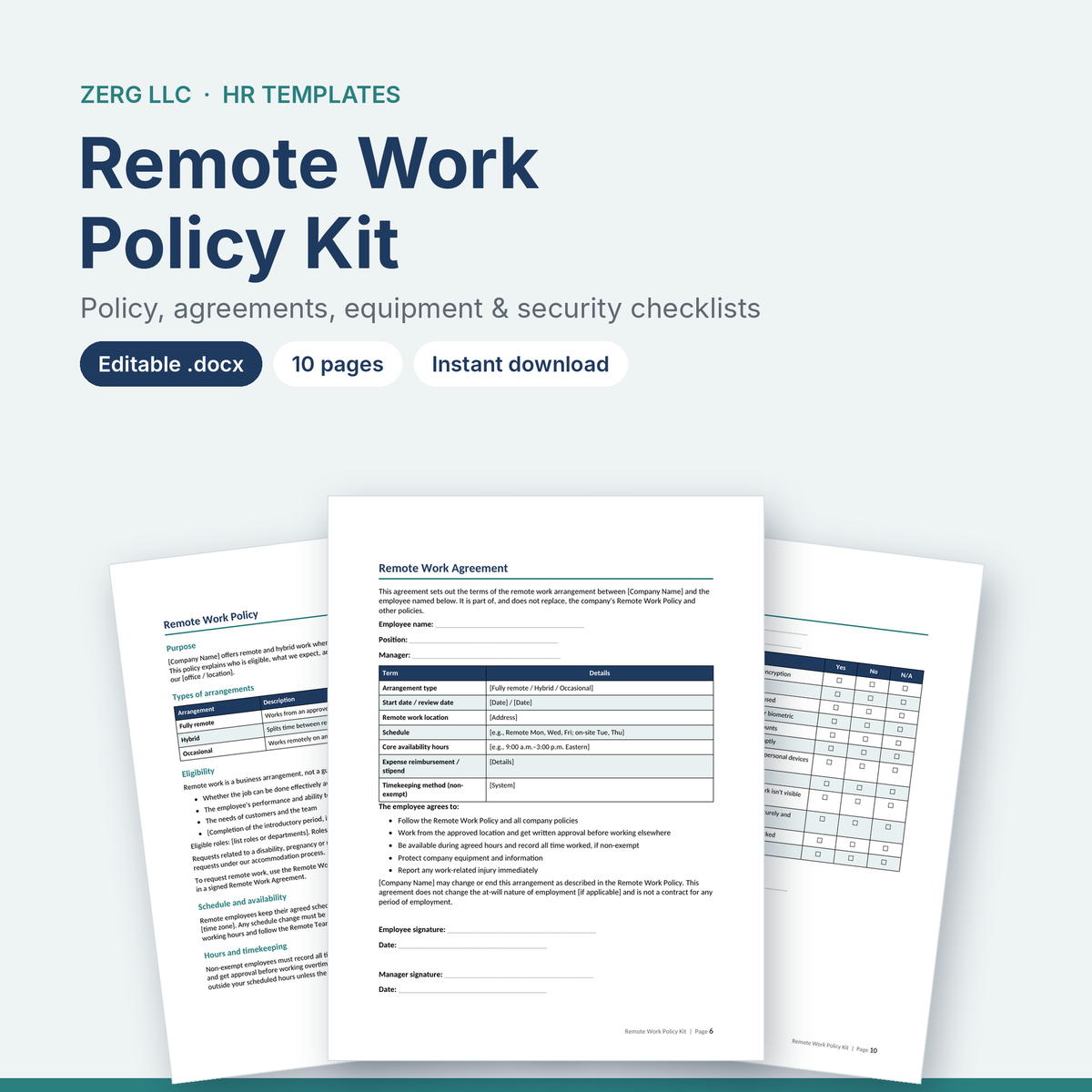 Remote work policy template and remote work agreement pages